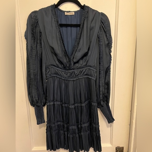 ULLA JOHNSON Gemma Satin Like Mini Dress V Neck Bishop Sleeve Midnight Blue - Picture 5 of 14